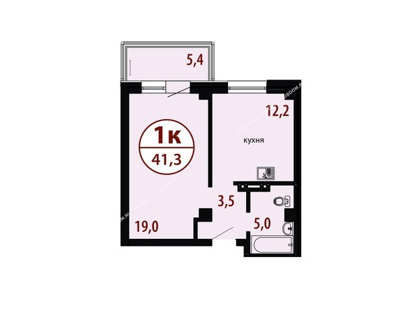 Секция №1. Планировка однокомнатной квартиры 41,3 кв.м