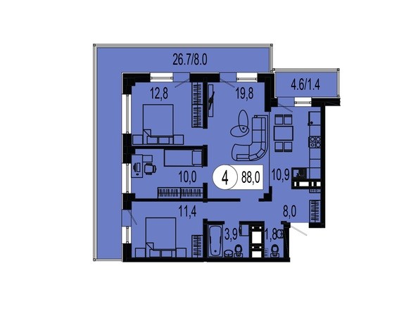 Планировка четырехкомнатной квартиры 88,0 кв.м