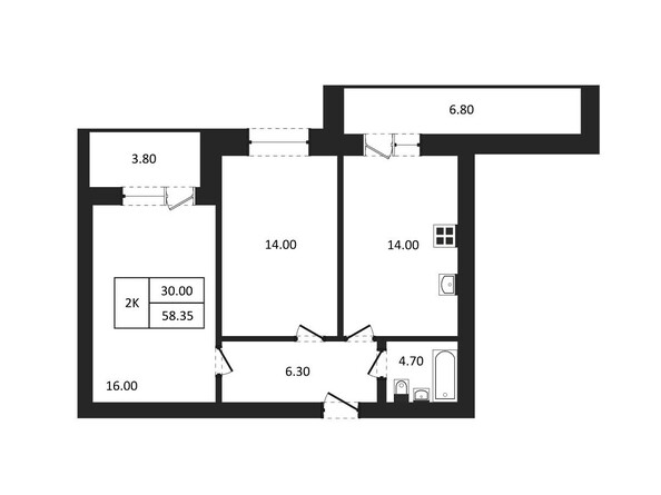 Планировка 2-комн 58,35 м²