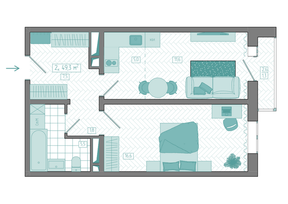 Планировка 2-комн 49,3 м²