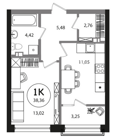 Планировка 1-комн 38,36 м²