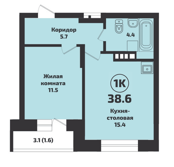 Планировка 1-комн 38,6 м²