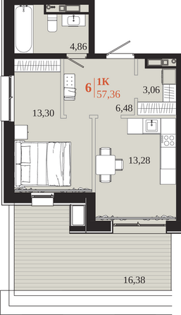 Планировка 1-комн 57,36 м²