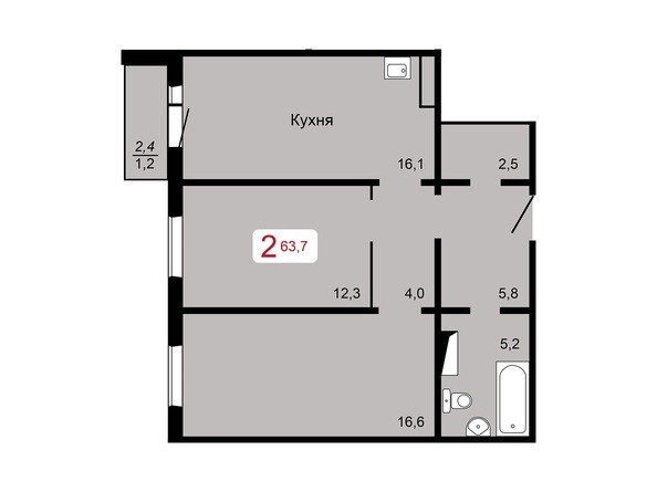 2-комнатная 63,7 кв.м