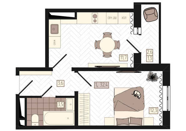 Планировка 1-комн 32,4 м²
