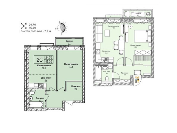 Планировка двухкомнатной квартиры 45,3 кв.м