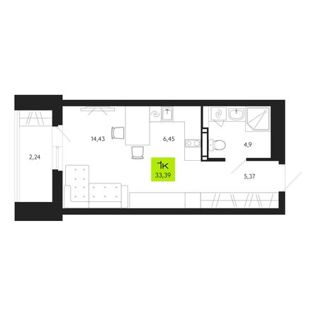 Планировка 1-комн 33,39, 33,4 м²
