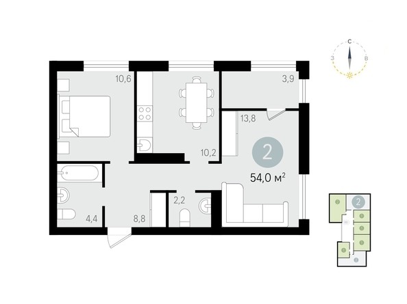 Планировка 2-комнатной квартиры 54 кв.м