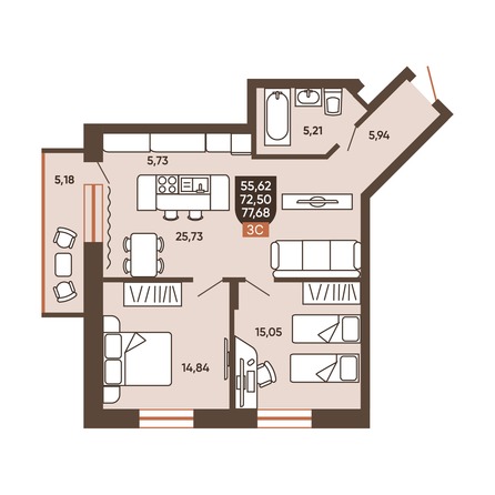 Планировка 3-комн 75,01, 75,09 м²