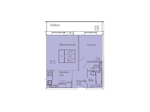 Планировка двухкомнатной квартиры 38,42 кв.м