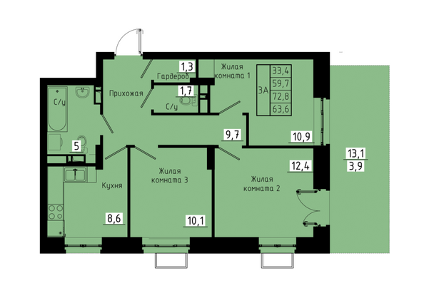 Планировка 3-комн 63,6 м²