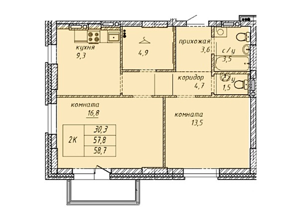 Планировка 2-комн 58,7 м²