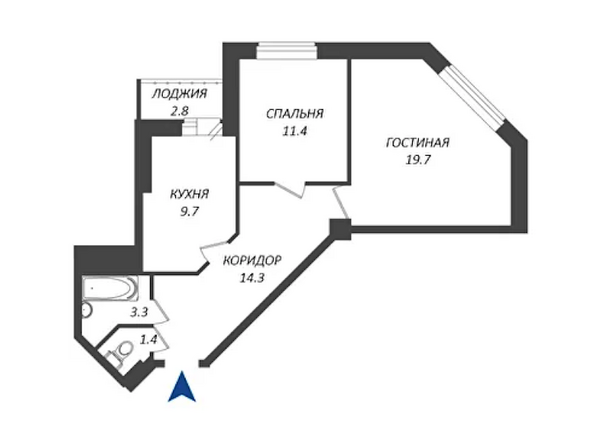 Планировка 2-комн 61 - 63,85 м²