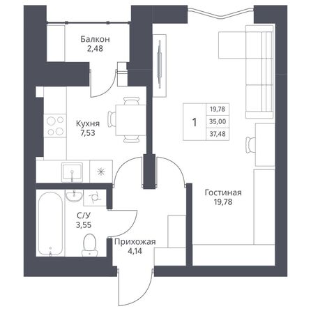 Планировка 1-комн 37,48 м²