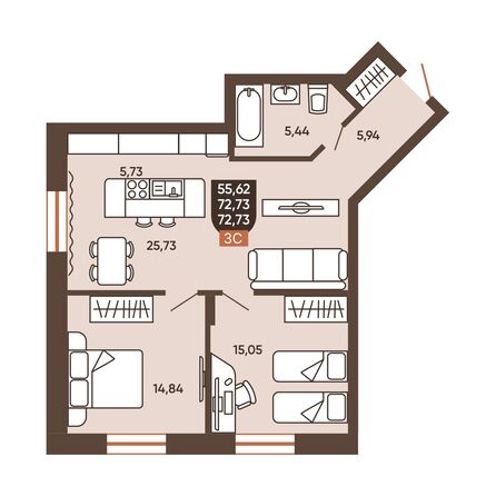 Планировка 3-комн 72,73 м²