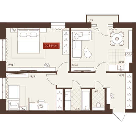 Планировка 3-комн 64,34 м²