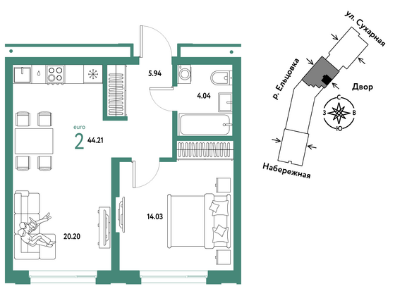 Планировка 2-комн 44,21 м²