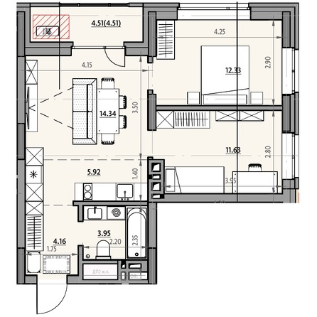 Планировка 2-комн 57 м²