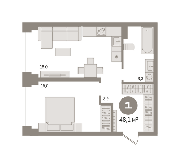 Планировка 1-комн 48,08 м²