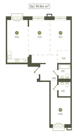 Планировка 3-комн 91,64, 92,74 м²