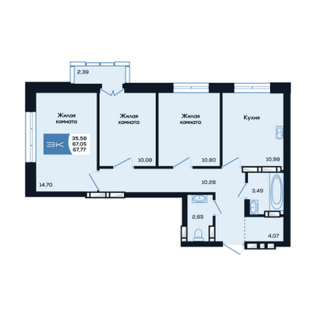 Планировка 3-комн 67,77 - 68,02 м²