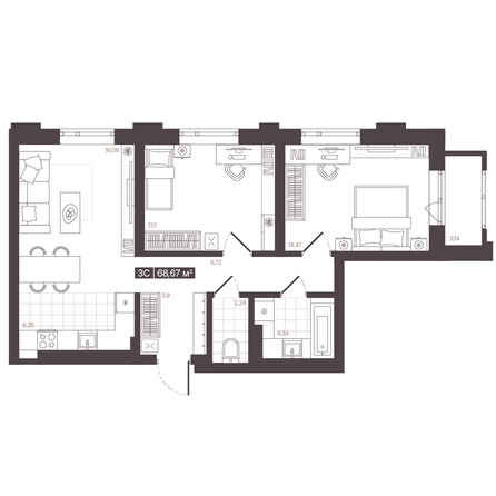 Планировка 3-комн 68,67 м²