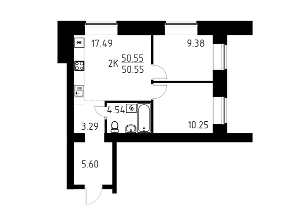 Планировка 2-комн 50,55 м²