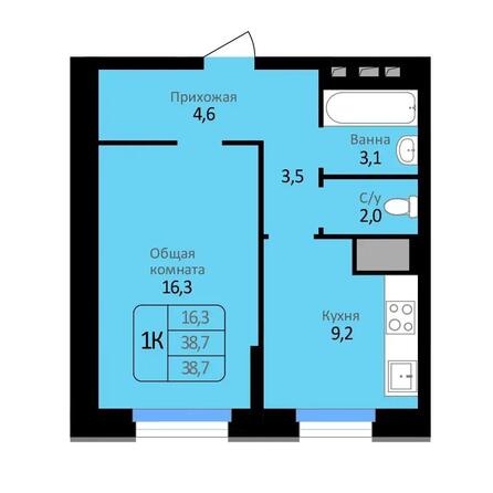 Планировка 1-комн 38,7 м²