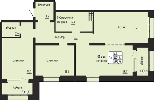 Планировка 3-комн 85,9 м²