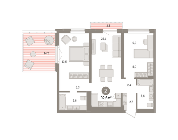 Планировка 2-комн 92,56 м²