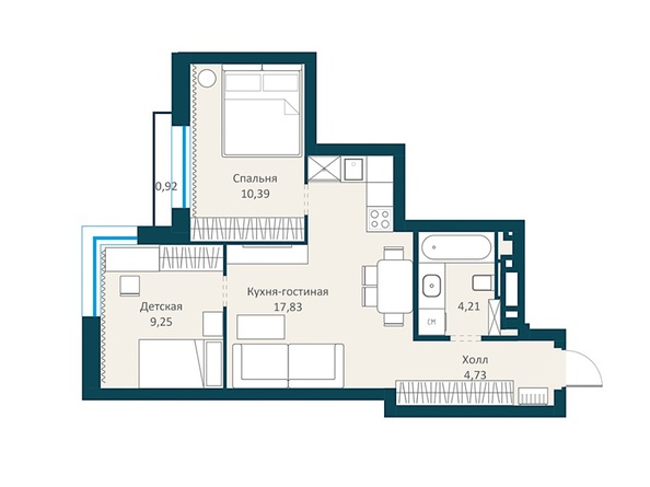 Планировка 1-комн 44,77 - 49,03 м²