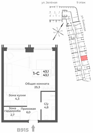 Планировка 1-комн 43,1 м²