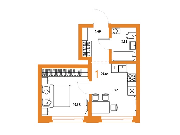 Планировка 1-комн 29,64 м²