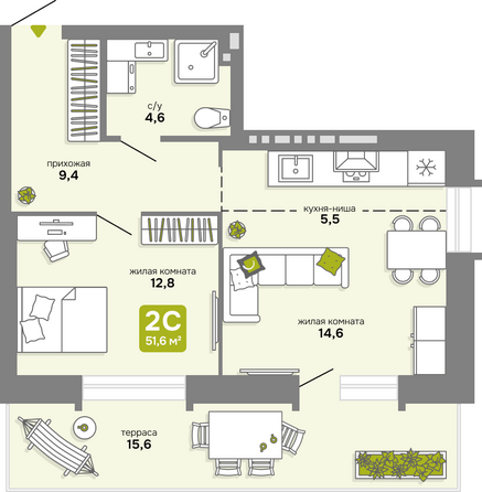 Планировка 2-комн 51,6 м²