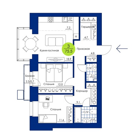 Планировка 3-комн 75,5 м²