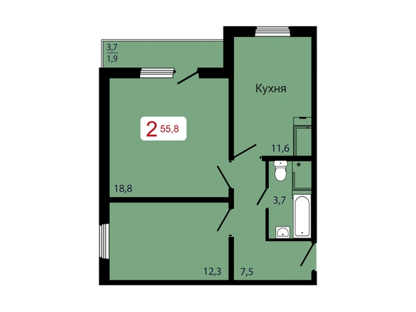 Планировка 2-комн 55,8 м²