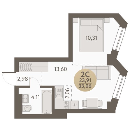 Планировка 2-комн 33,06, 33,19 м²