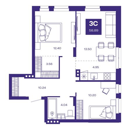 Планировка 3-комн 58,84, 58,89 м²