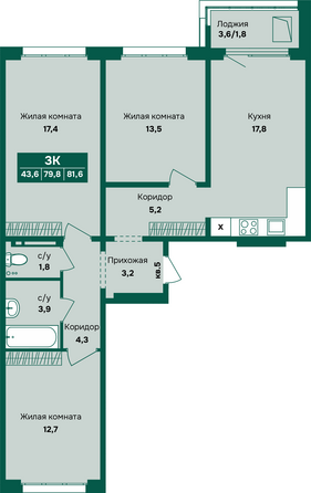Планировка 3-комн 81,6 м²