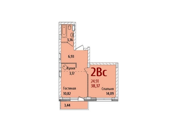 Планировка 2-комнатной квартиры 39,37 кв.м