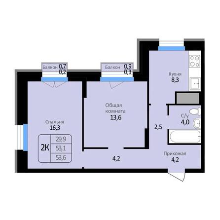 Планировка 2-комн 53,6 м²