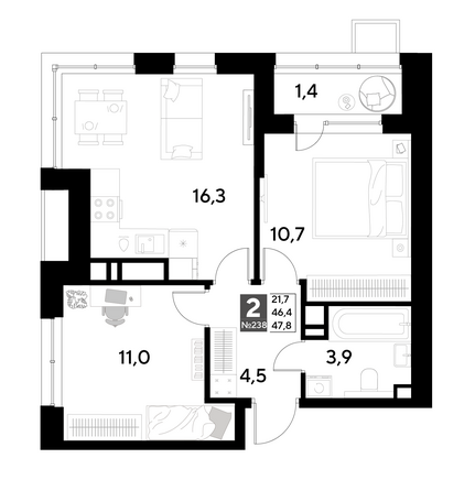 Планировка 2-комн 47,8, 48,3 м²
