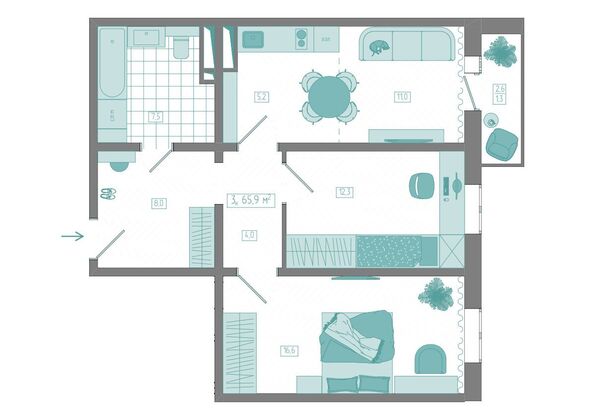 Планировка 3-комн 65,9 м²