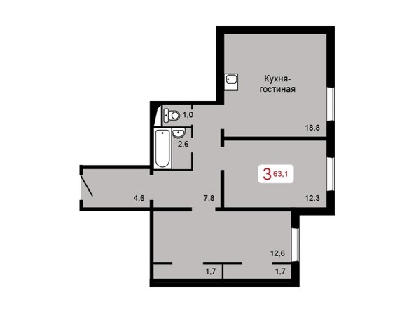 3-комнатная 63,1 кв.м