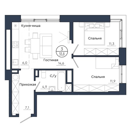 Планировка 3-комн 55,8, 55,9 м²