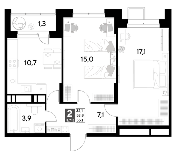 Планировка 2-комн 54,7 - 56,4 м²