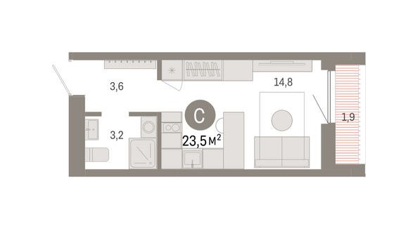 Планировка Студия 23,49, 23,55 м²