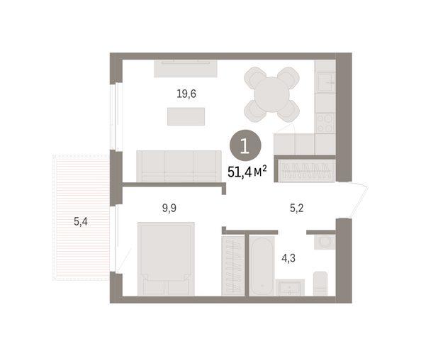 Планировка 1-комн 51,36 м²