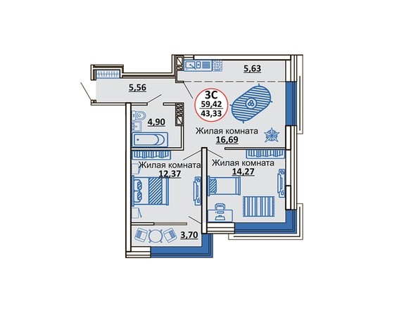 Планировка 3-комнатной квартиры 59,42 кв.м