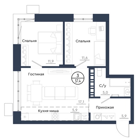 Планировка 3-комн 57,4 м²